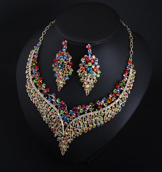 Full Rhinestone Color Clavicle Necklace Earrings Set