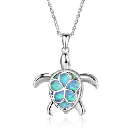 Fashion silver filled blue opal sea turtle necklace