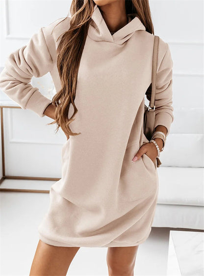 Hooded Long-sleeved Solid Color Dress