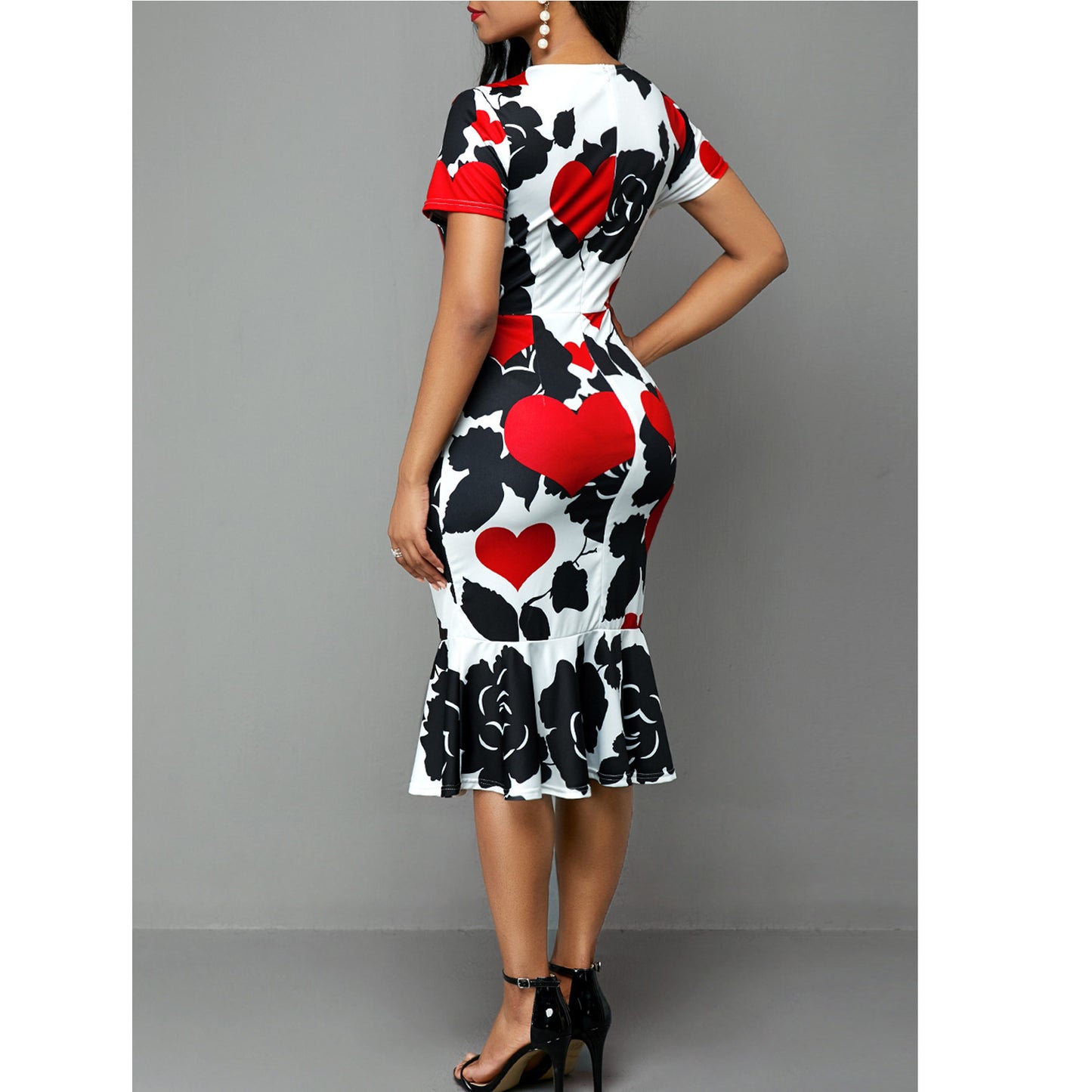 Round Neck Short Sleeve Printed Slim Ruffle Dress