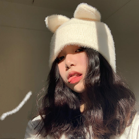 Cute Sweet Girl With Small Milk Bunny Ears Knitted Woolen Hat