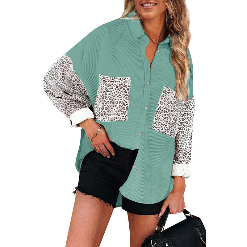 Ladies Corduroy Loose Leopard Print Casual Shirt