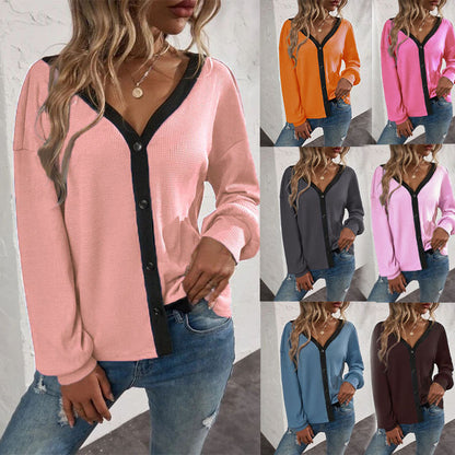 Top Waffle Long Sleeve Cardigan T-shirt