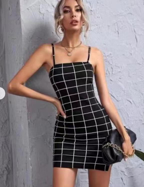 Retro Plaid Sexy Spaghetti Strap Bodycon Mini Dresses