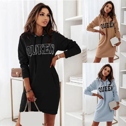 Long Sleeve Hooded Letter Sports Casual Dress