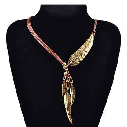 3 Colors Black Rope Multilayer Feather Leaf Tassels Necklace