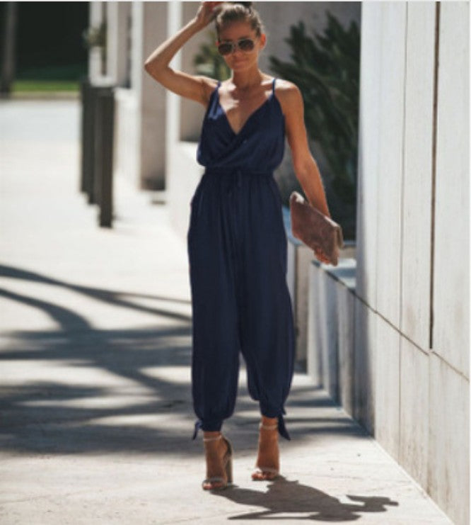 sexy backless tether pocket sling V-neck jumpsuit