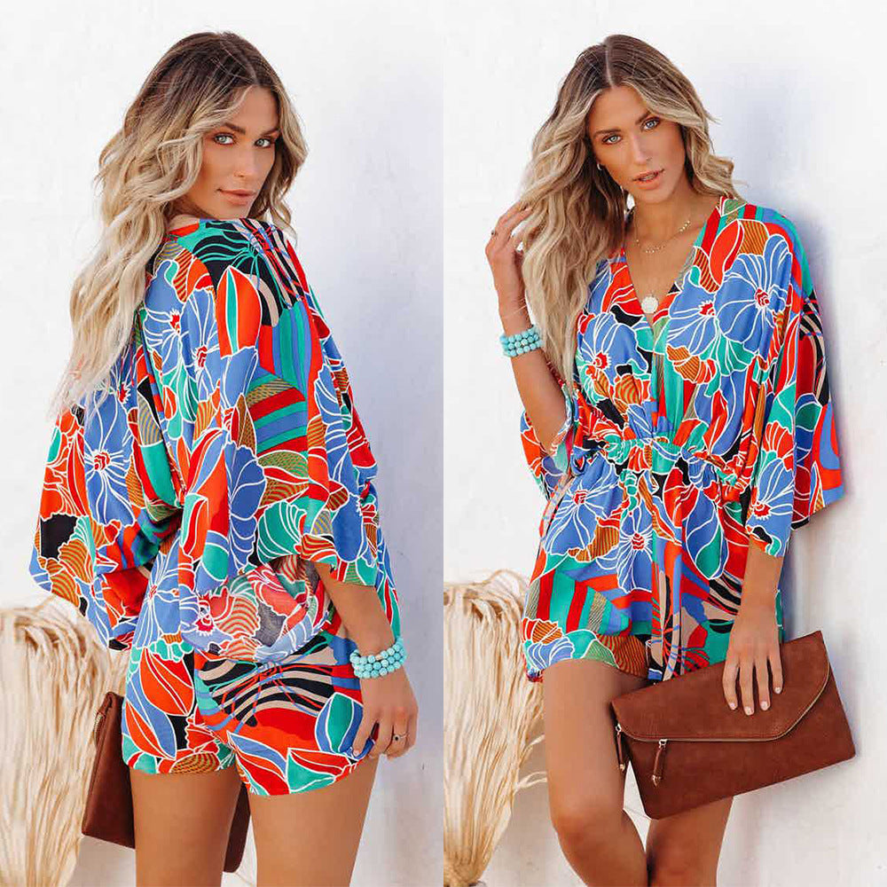 Printed V-Neck Short Sleeve Loose Casual Jumpsuit