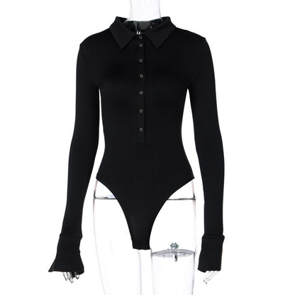 Sexy Button Lapel Long Sleeve Bodysuit