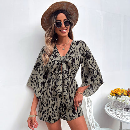 V-Neck Loose Printed Cutout Chiffon Half Sleeve Jumpsuit