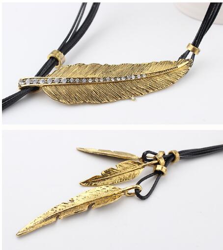 3 Colors Black Rope Multilayer Feather Leaf Tassels Necklace