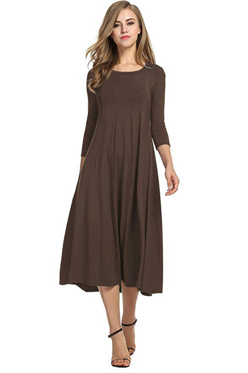 Crew Neck Sleeve Solid Color Dress