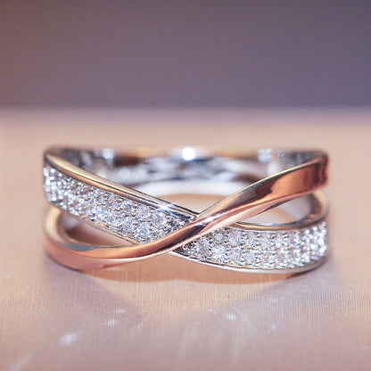 Simple Personality X-shaped Two-tone Female Zircon Copper Ring