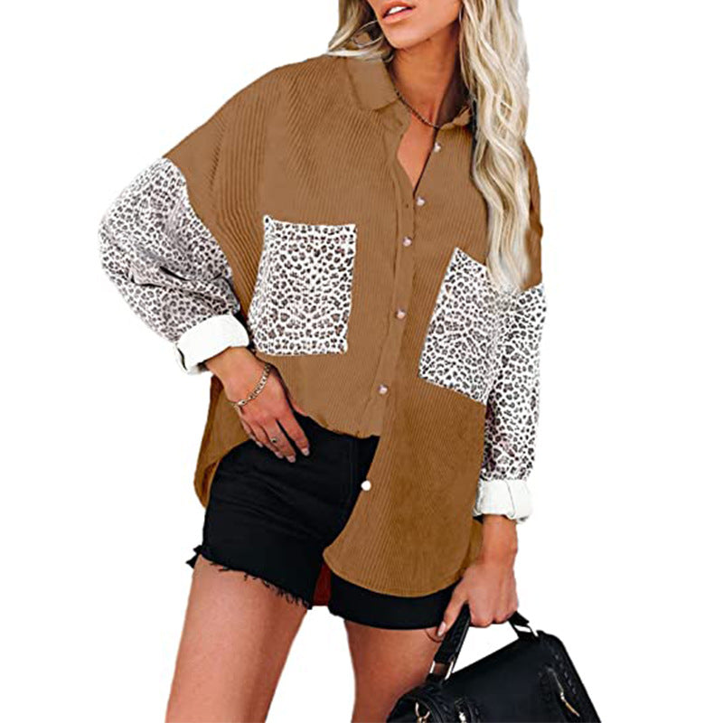 Ladies Corduroy Loose Leopard Print Casual Shirt