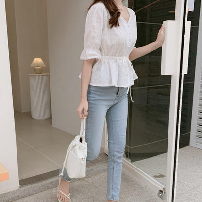 V-neck Waist Closing Lace Patchwork Shirt