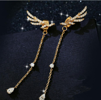 Silver Earrings Angel Wings Long Tassel Drop Earrings