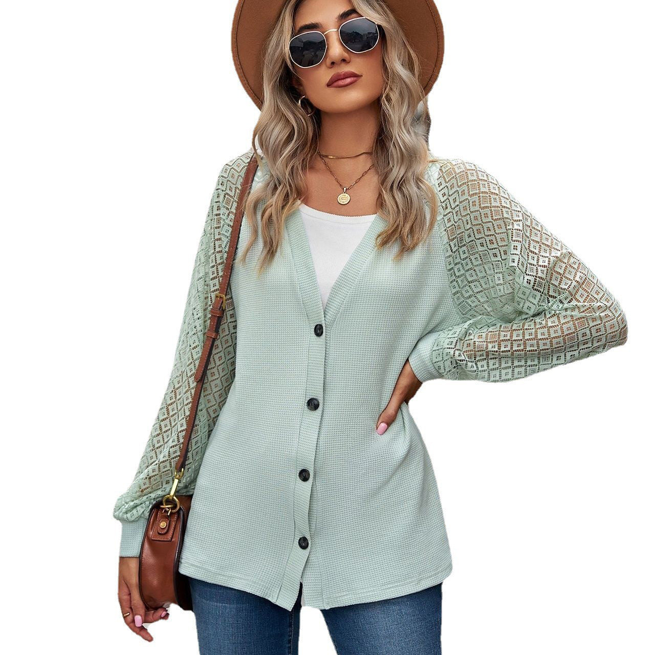 Autumn And Winter Long Sleeve Solid Color Loose Button Lace Stitching Cardigan Top Women