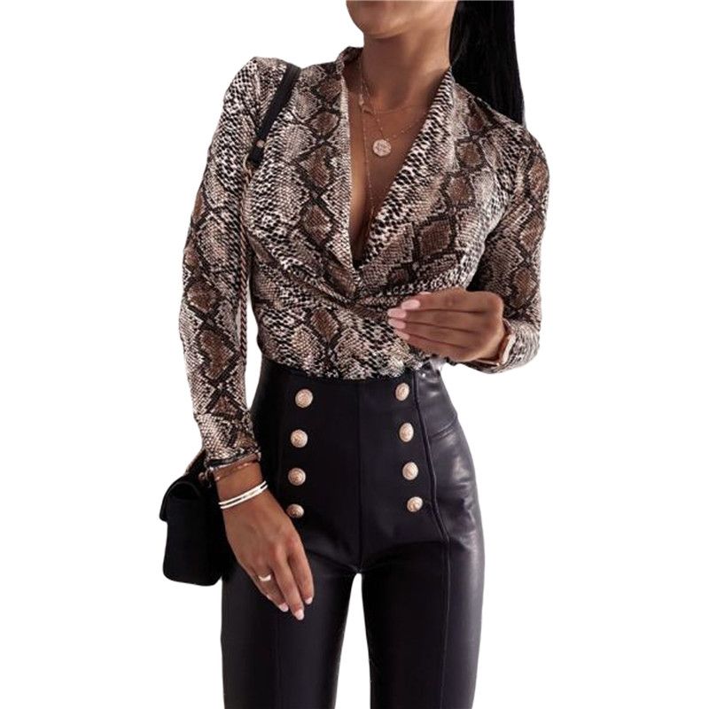 Sexy Long Sleeve V-neck Leopard Print Ladies Blouse