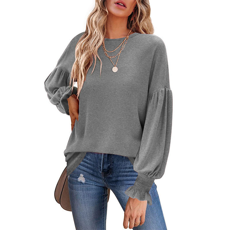 Autumn And Winter New Round Neck Pleated Lantern Sleeve T-shirt