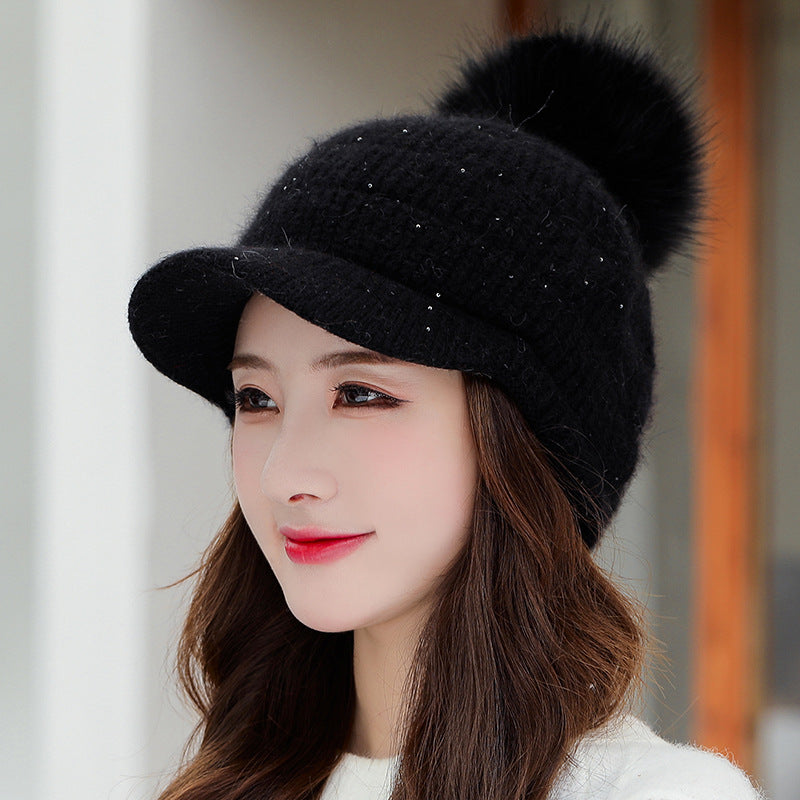 Rabbit Fur Ball Plus Velvet Warm Woolen Hat