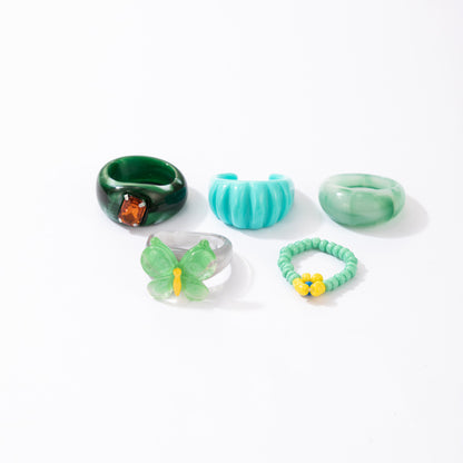 Rice Beads Flower Ring With Diamonds And Acrylic Butterfly Resin Ring 5-piece Set