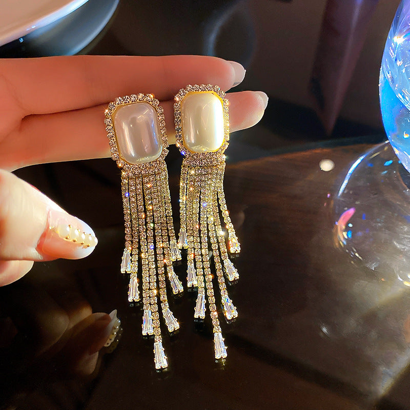 Exaggerated Pearl Full Diamond Long Tassel Earring