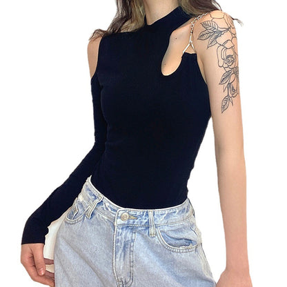 Asymmetric Half Sleeve Crew Neck Slim Bodysuit