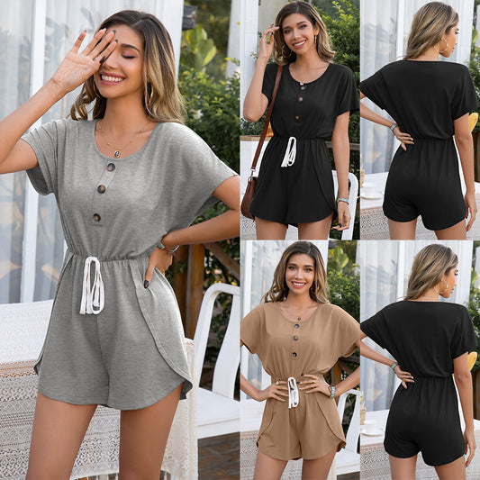 Decorative Button Drawstring Slim Waist Short Sleeve Jumpsuit