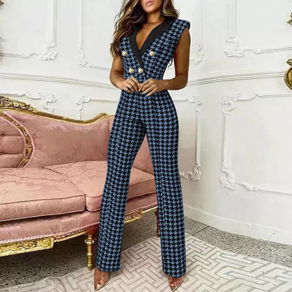 V-neck Houndstooth Jumpsuit Professional Wear Women