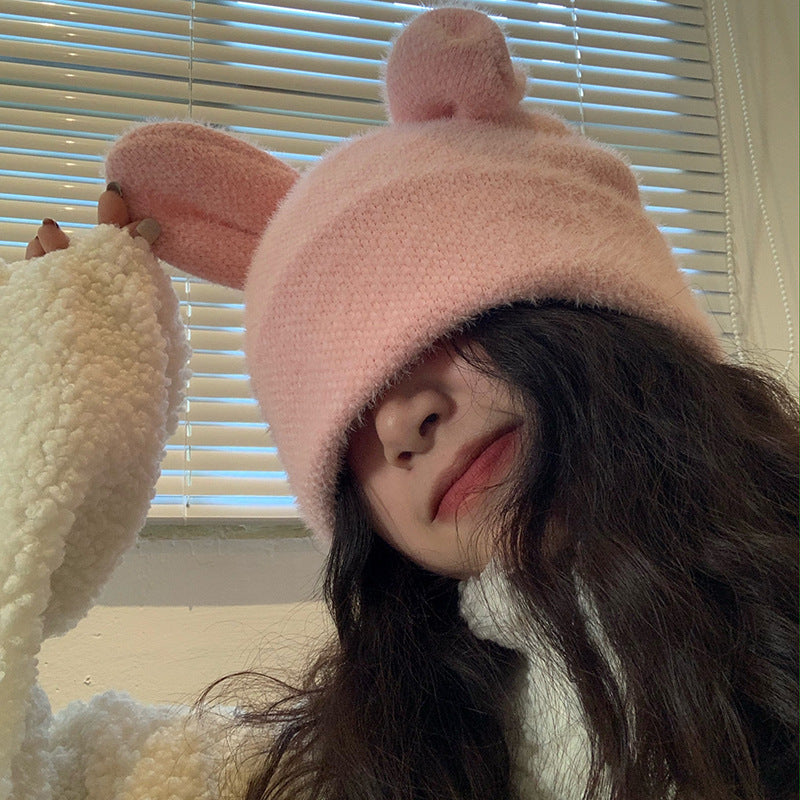 Cute Sweet Girl With Small Milk Bunny Ears Knitted Woolen Hat