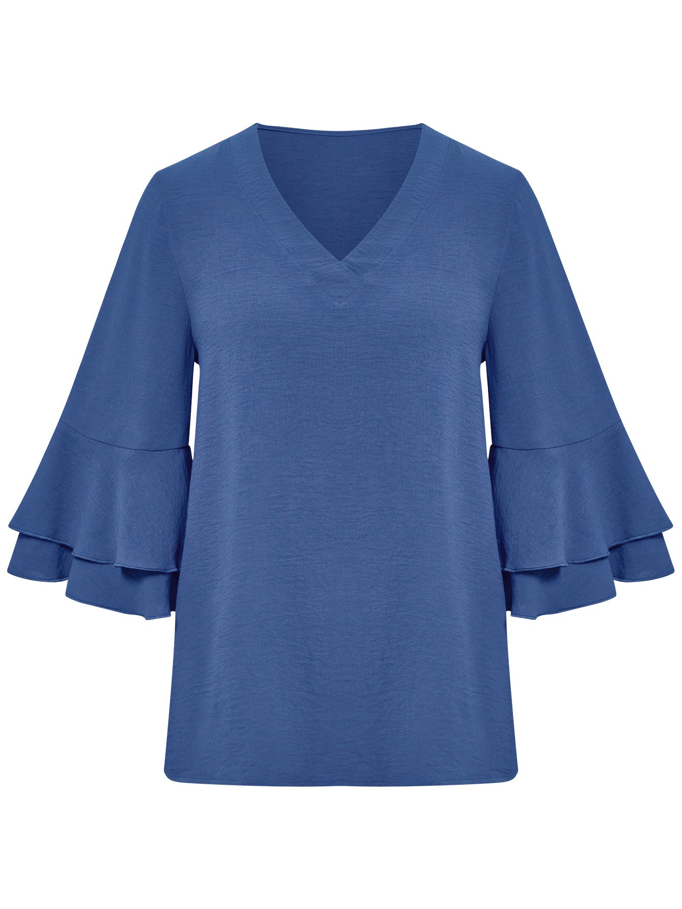 Solid Color Loose V-neck Ruffle Top Women's Clothing