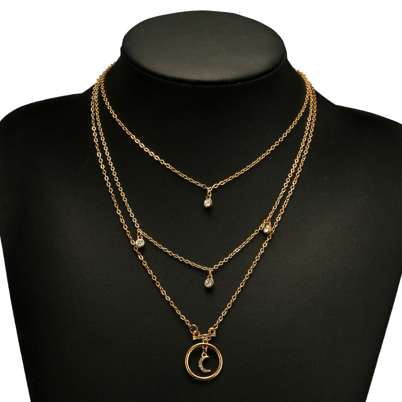 Antique Gold Circle Moon Rhinestone Pendant Necklaces