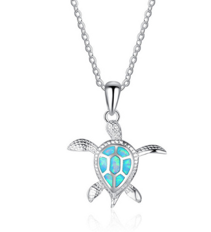 Fashion silver filled blue opal sea turtle necklace