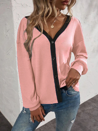 Top Waffle Long Sleeve Cardigan T-shirt