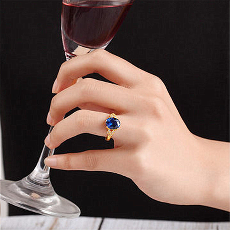 Gold-plated Sapphire Ring With Adjustable Opening And Tanzanite Diamonds