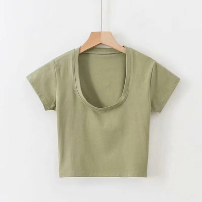 Summer Solid Color Slim-fit Sexy Short Sleeve U-neck T-shirt