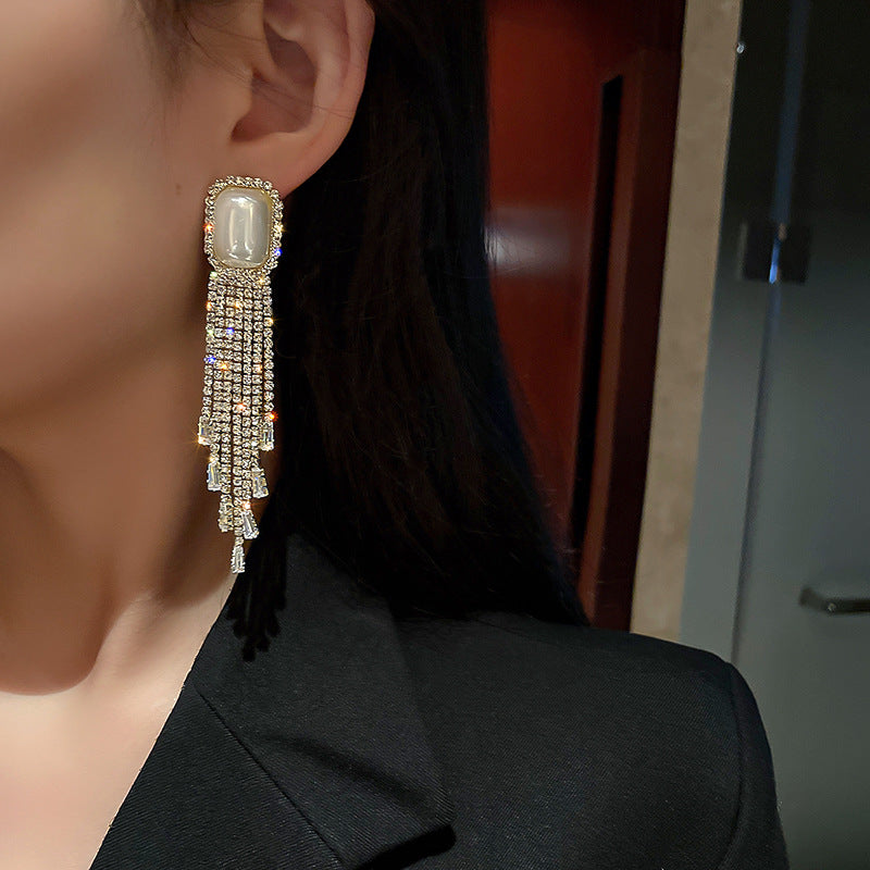 Exaggerated Pearl Full Diamond Long Tassel Earring