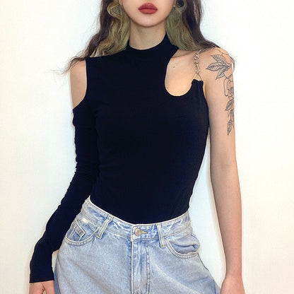 Asymmetric Half Sleeve Crew Neck Slim Bodysuit