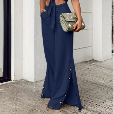 Spring Fashion High Waist Cotton Linen Wide Leg Pants