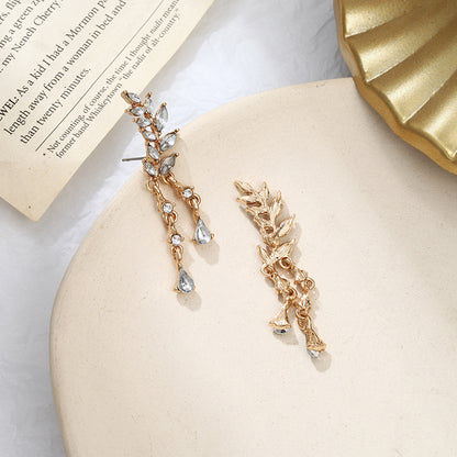 Leaves Tassel Crystal Earrings Zircon Stud Earrings