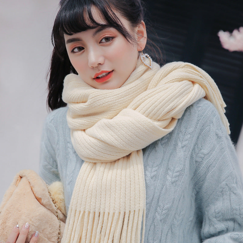 Thickened  Warm Long Solid Color Tassel Knitted Wool Scarf