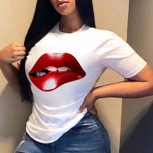 Lips Print Short Sleeves Round Neck T-shirt