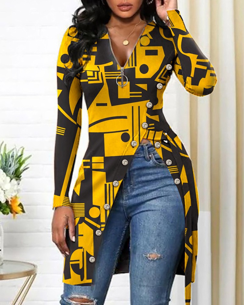 V-neck Long Sleeve High Slit Printed T-shirt