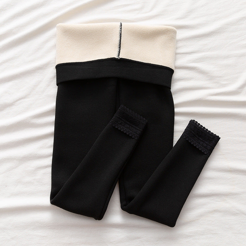 High-waisted Threaded Slim-fitting Thickened Warm Leggings