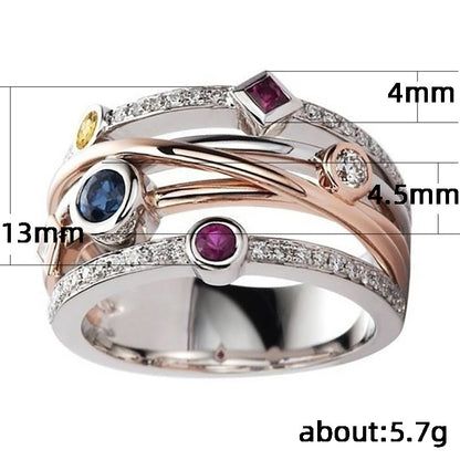 Hip-hop Style Jewelry, Fashionable Geometric Line Inlaid Multi-color Zircon Ring