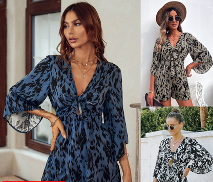 V-Neck Loose Printed Cutout Chiffon Half Sleeve Jumpsuit