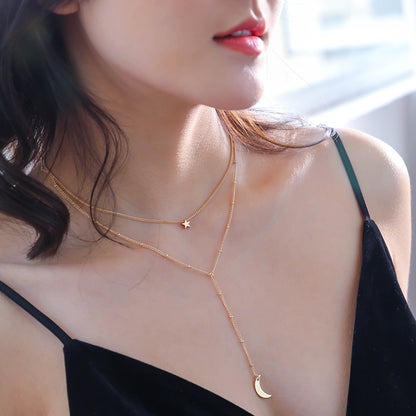 Copper Star Moon Y-shaped Multilayered Necklace