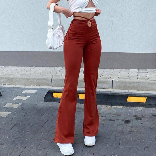 High-waist Elastic Lace-up Solid Color Trousers