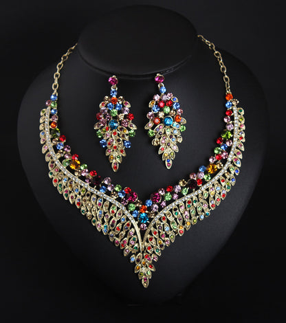 Full Rhinestone Color Clavicle Necklace Earrings Set