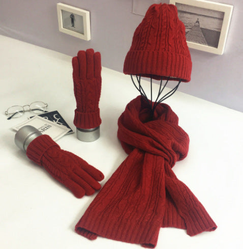 Solid Color Twist Warm Hat Scarf Glove Set